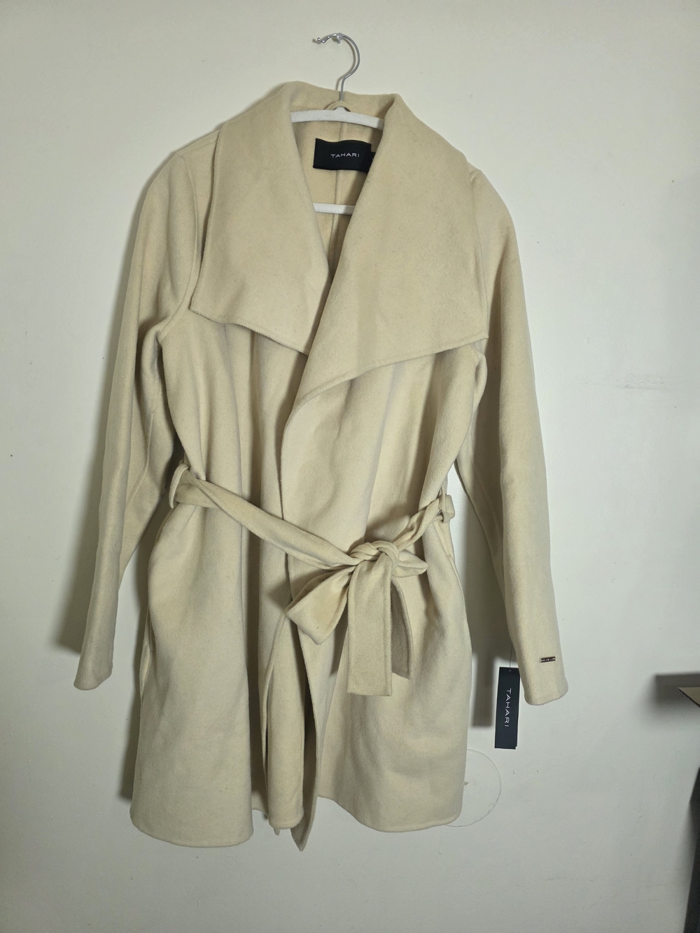 Tahari Cream Wrap Belted Coat